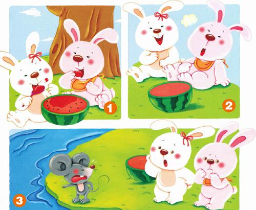 亲子提示:图中的兔宝宝们在美美地吃着西瓜,后来遇见了想要过河的小