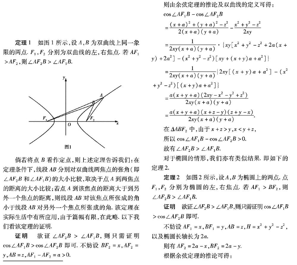 角度比较定理,这些定理可以为学生灵活应用圆锥曲线的概念和三角形