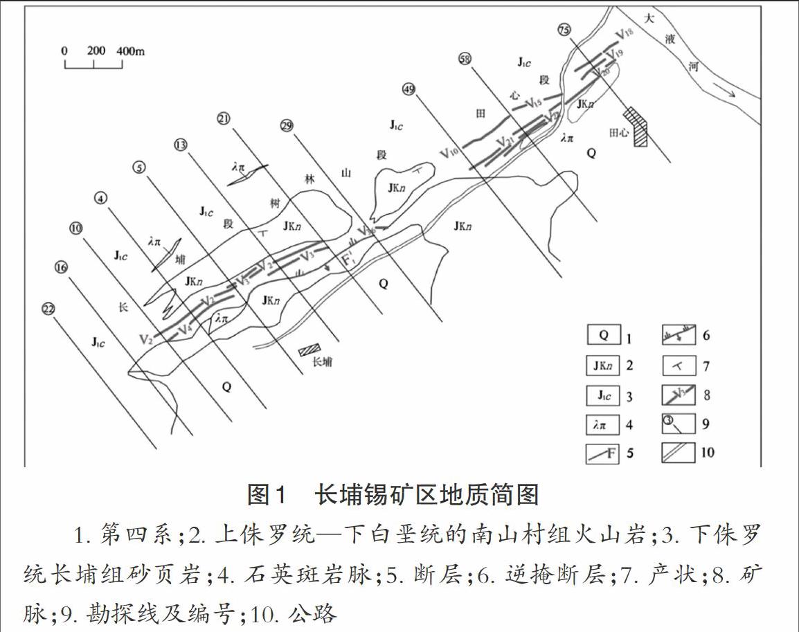 矿体赋存于下侏罗统长埔组海陆交替变质砂页岩与石英斑岩内外接触带中