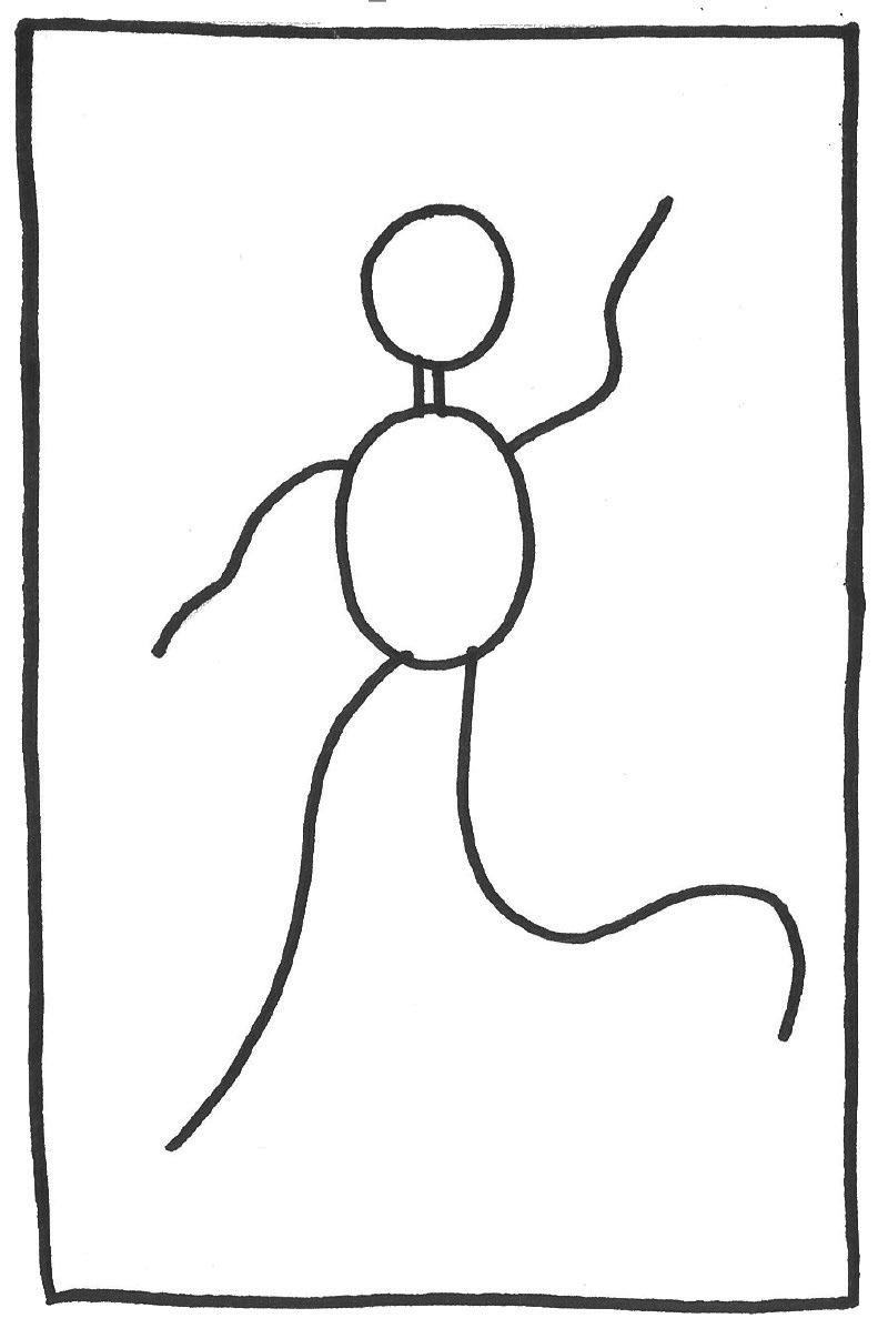 第一步:画纸竖着放,画出一个人形的躯干,手脚先用单线画,突出他夸张的