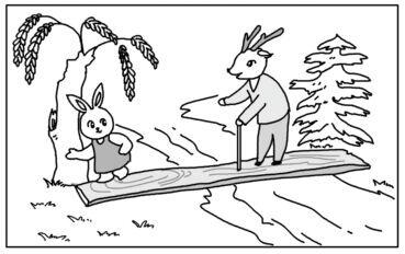 (教师提示:小白兔在独木桥上看到了谁?
